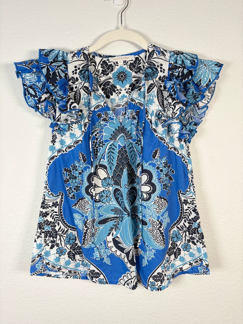 Love The Label Cotton Blue Paisley Floral Print Split V Neck Ruffle Blouse Top